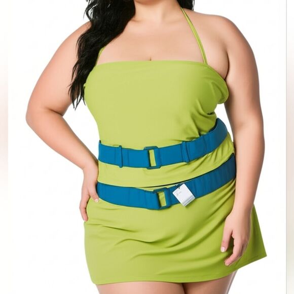 Newport News Lime Green Tankini Swimsuit Teal Blue Belted Skirt Bottom & Top 18 - Picture 1 of 8